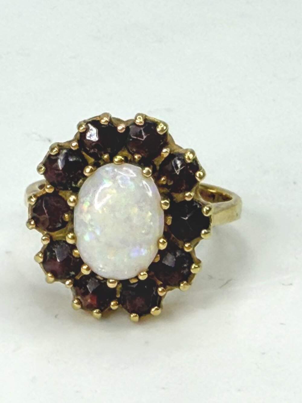 Vintage 14K Gold Opal Garnet Cluster Halo Cocktail Ring Size 5.5 JR1982